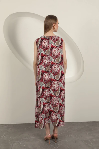 Viskon Kumaş Etnik Desenli Elbise-Kırmızı - Resim 2