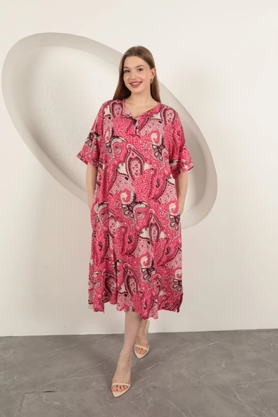 Viskon Şal Desenli Elbise-Fuşya ürün görseli