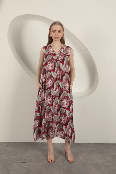 Viskon Kumaş Etnik Desenli Elbise-Kırmızı ürün görseli