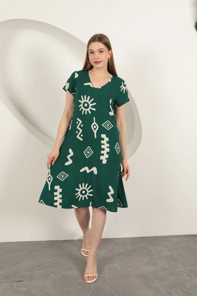 Viskon Kumaş Etnik Elbise-Yeşil ürün görseli