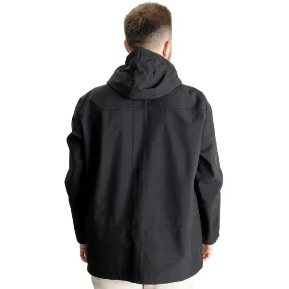Büyük Beden Erkek Kapüşonlu Mont Waterproof Softshell 21235 Siyah - 4