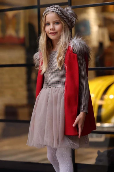 Kız Çocuk Üzeri Kare Desenli Eteği Tüllü Elbise Kürk Detaylı Kolsuz Kırmızı Kaşe - 2