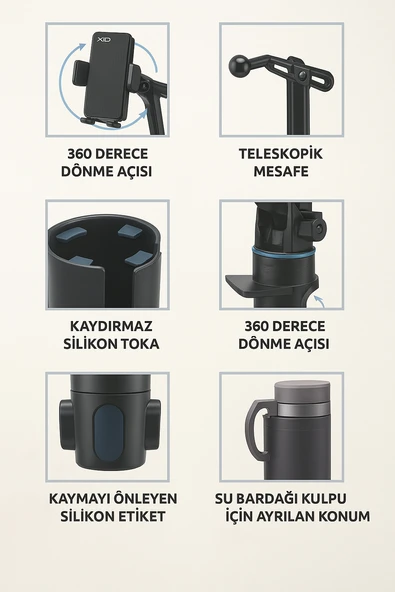 Çok Fonksiyonlu Araç Kupa ve Telefon Tutucu  360 Derece Döner Ayarlanabilir Taban - 3
