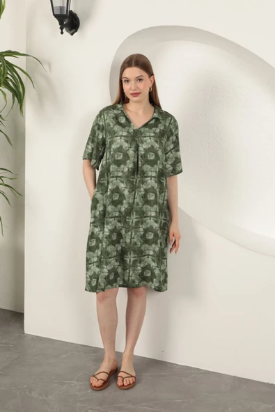 Viskon Desenli Elbise-Haki ürün görseli