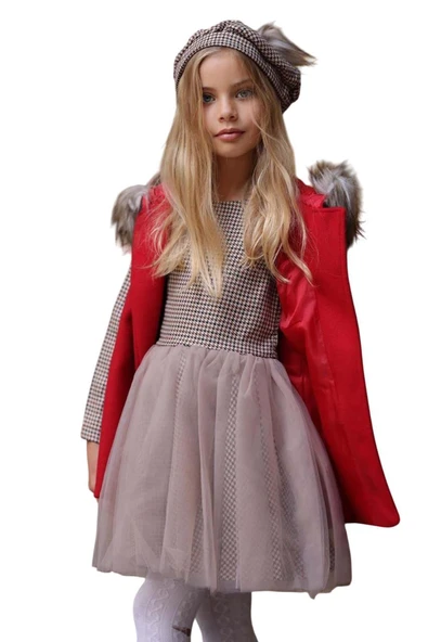 Kız Çocuk Üzeri Kare Desenli Eteği Tüllü Elbise Kürk Detaylı Kolsuz Kırmızı Kaşe - 6