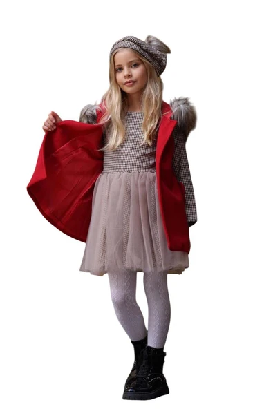 Kız Çocuk Üzeri Kare Desenli Eteği Tüllü Elbise Kürk Detaylı Kolsuz Kırmızı Kaşe - 4