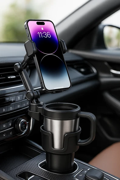 Çok Fonksiyonlu Araç Kupa ve Telefon Tutucu  360 Derece Döner Ayarlanabilir Taban - 6