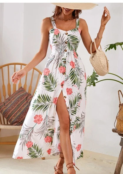 Kadın Askılı önden Düğmeli Yaprak Desenli Uzun Süprem Elbise - Resim 2