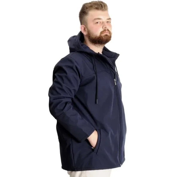 Büyük Beden Erkek Kapüşonlu Mont Waterproof Softshell C21235 Lacivert - 2