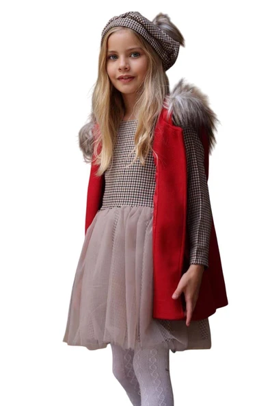 Kız Çocuk Üzeri Kare Desenli Eteği Tüllü Elbise Kürk Detaylı Kolsuz Kırmızı Kaşe - 5