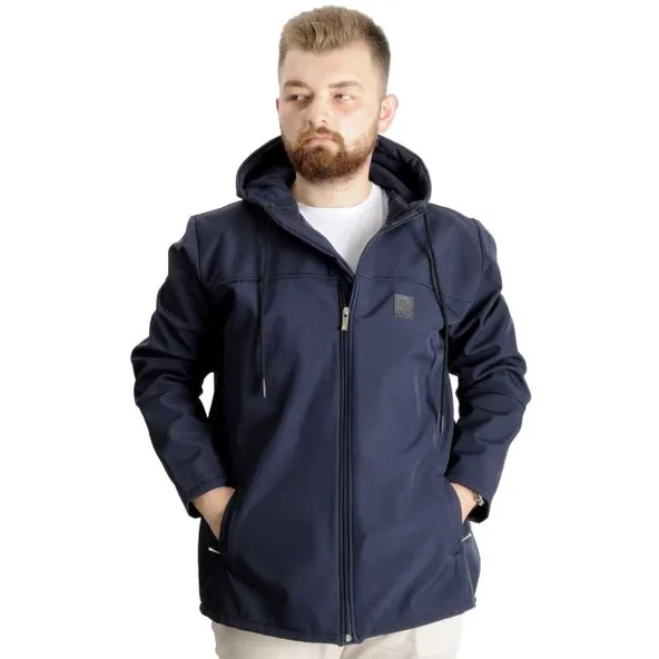 Büyük Beden Erkek Kapüşonlu Mont Waterproof Softshell C21235 Lacivert - 1