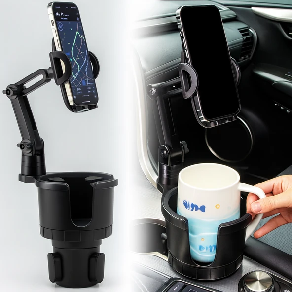 Çok Fonksiyonlu Araç Kupa ve Telefon Tutucu  360 Derece Döner Ayarlanabilir Taban - 5