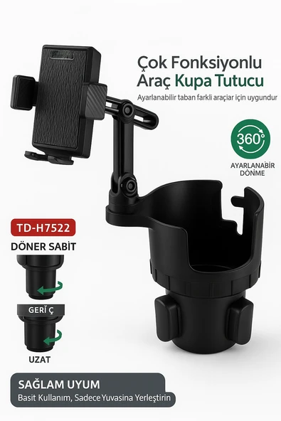 Çok Fonksiyonlu Araç Kupa ve Telefon Tutucu  360 Derece Döner Ayarlanabilir Taban