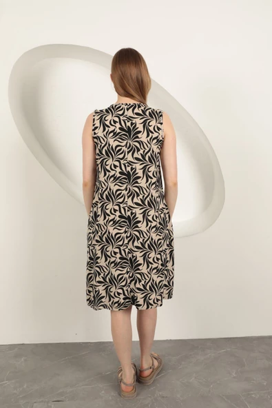 Viskon Kumaş Yaprak Desenli Elbise-Bej - Resim 2
