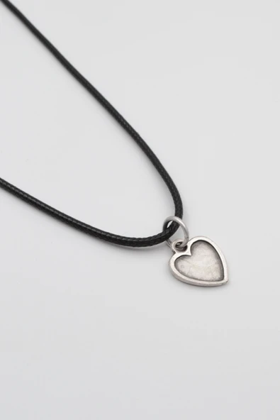 Minimalist Kalp Siyah Deri İp Kolye - Antik Gümüş Kaplama - Kadın Erkek - 60 cm - Resim 2