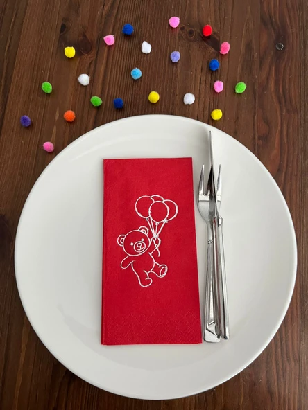 Gümüş Yaldızlı Kırmızı Sevimli Ayı Baskılı Garson Katlama Peçete 16 Adet ürün görseli 1