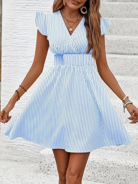 Kadın Kısa Kollu Kruvaze Yakalı Poplin Elbise - Resim 2