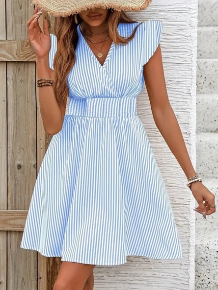 Kadın Kısa Kollu Kruvaze Yakalı Poplin Elbise - Resim 3