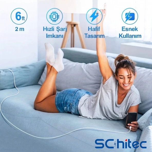 ScHitec 3A 60W UsbA to Lightning Hızlı Data ve Şarj Kablosu 2 Metre Beyaz X74 - Resim 5