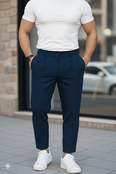 Erkek Belden Düğmeli Cepli Dokuma Pantolon - Resim 10