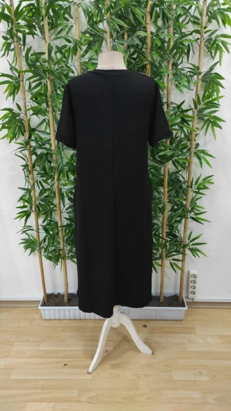 Kadın Kısa Kollu V Yakalı Cep Detaylı Uzun Viskon Iki Iplik Elbise - Resim 6