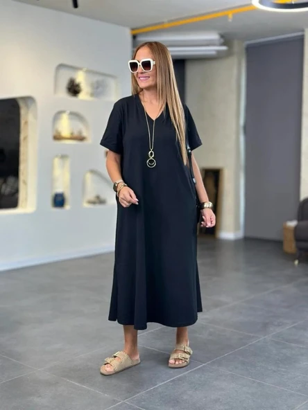 Kadın Kısa Kollu V Yakalı Cep Detaylı Uzun Viskon Iki Iplik Elbise - Resim 2