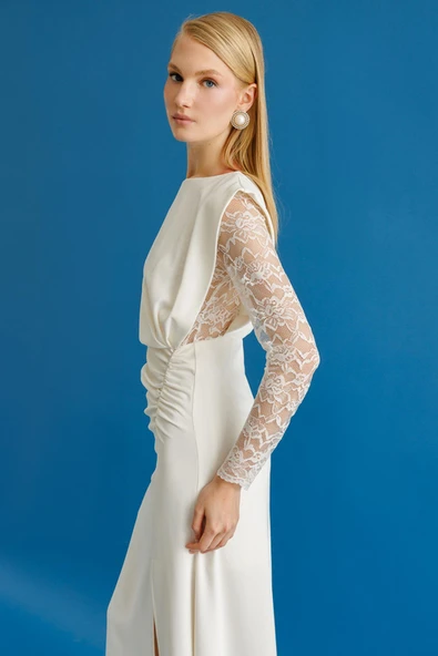 Dantel Kol Krep Yırtmaçlı Elbise Nefeli - Resim 6