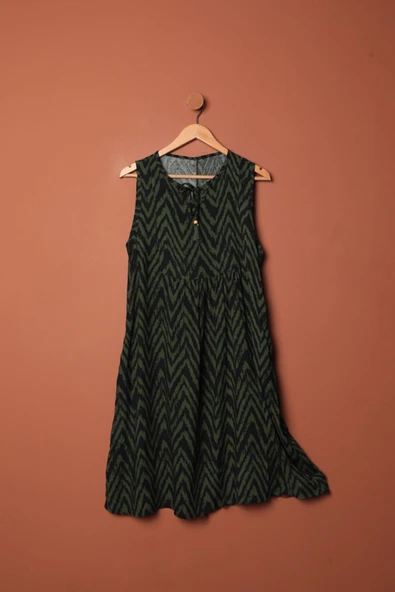 Viskon Kumaş Çizgili Elbise-Haki ürün görseli