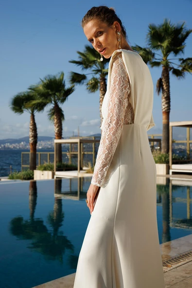 Dantel Kol Krep Yırtmaçlı Elbise Nefeli - Resim 5