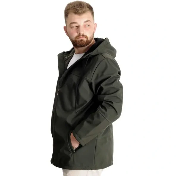 Büyük Beden Erkek Kapüşonlu Mont Waterproof Softshell 21235 Haki - 2