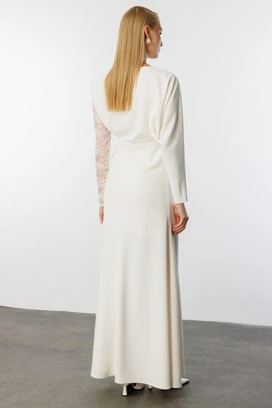 Dantel Kol Krep Yırtmaçlı Elbise Nefeli - Resim 8