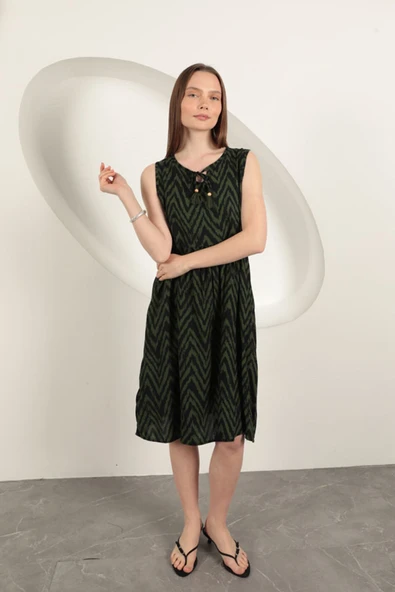 Viskon Kumaş Çizgili Elbise-Haki - Resim 2