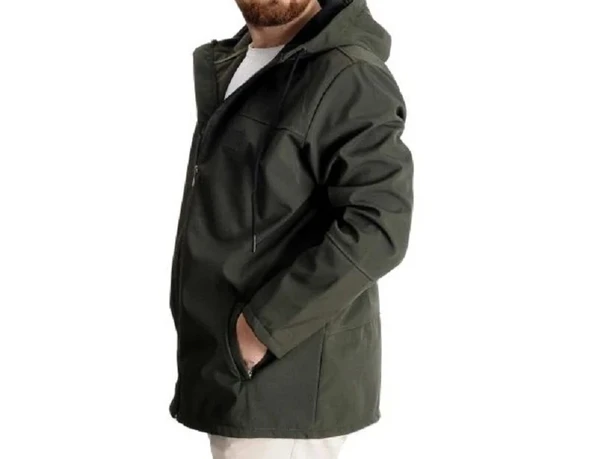 Büyük Beden Erkek Kapüşonlu Mont Waterproof Softshell 21235 Haki - 6