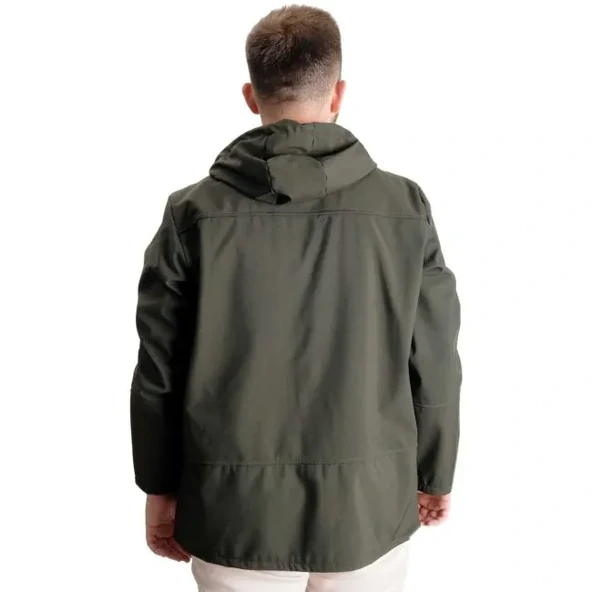 Büyük Beden Erkek Kapüşonlu Mont Waterproof Softshell 21235 Haki - 4