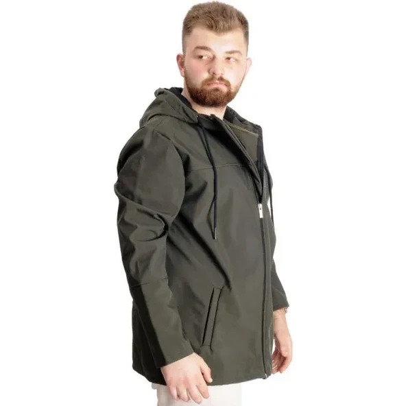 Büyük Beden Erkek Kapüşonlu Mont Waterproof Softshell 21235 Haki - 3