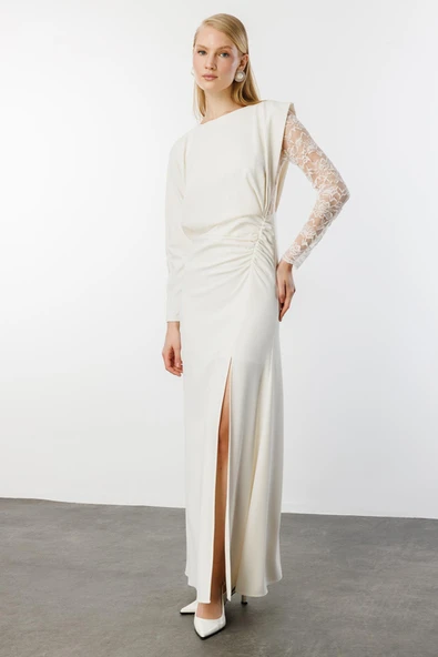 Dantel Kol Krep Yırtmaçlı Elbise Nefeli - Resim 7