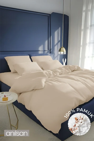 Düz Bej Çift Kişilik Lastikli Çarşaf Düğmeli Nevresim Takım %100 Pamuk 2 Adet Yastık Kılıf, 63tel