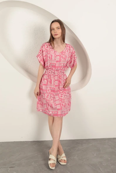 Viskon Kumaş Gipeli Elbise-Pembe ürün görseli