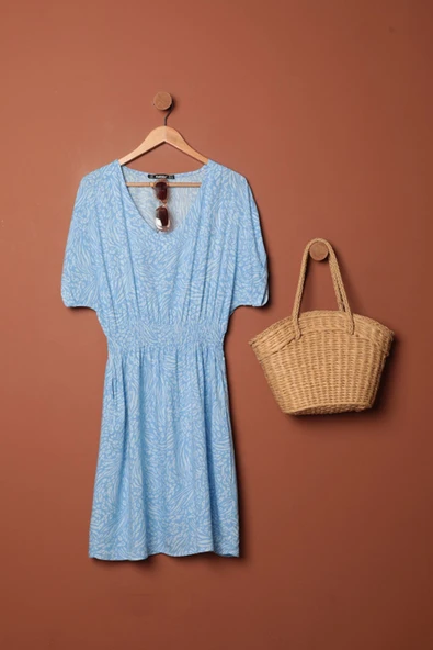 Viskon Kumaş Desenli Elbise-Mavi ürün görseli