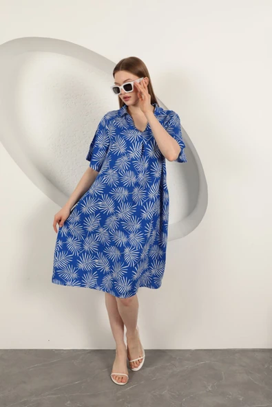 Viskon Palmiye Desenli Elbise-Saks ürün görseli