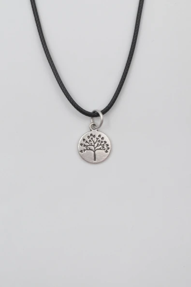 Yuvarlak Hayat Ağacı Siyah Deri İp Kolye - Antik Gümüş Kaplama - Kadın Erkek - 60 cm ürün görseli 1