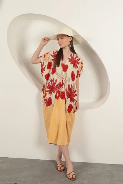 Viskon Kumaş Desenli Elbise-Ekru ürün görseli