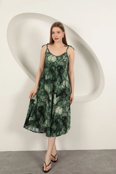 Viskon Kumaş Sulu Boya Desenli Elbise-Yeşil ürün görseli