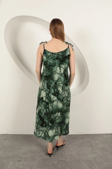 Viskon Kumaş Sulu Boya Desenli Elbise-Yeşil - Resim 2