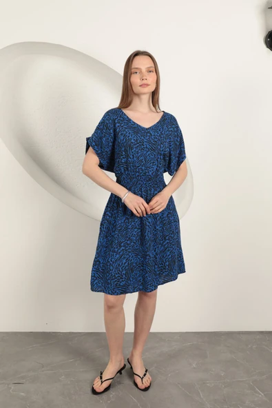 Viskon Kumaş Desenli Elbise-Saks ürün görseli