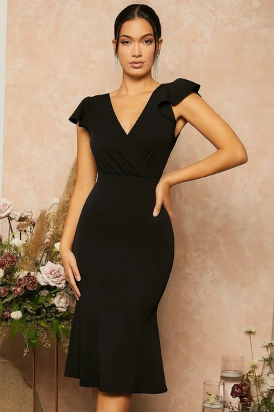 Kadın Kısa Kelebek Kollu Kruvaze Yaka Ithal Krep Midi Elbise - Resim 2