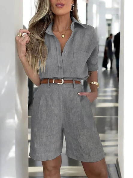 Keten Şort Gömlek İkili Takım - Resim 2