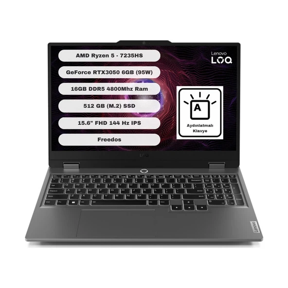 LENOVO LOQ AMD Ryzen 5 7235HS 16GB 512GB SSD RTX3050 Freedos 15.6" FHD Taşınabilir Bilgisayar 83JC000QTR ürün görseli 1