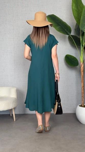 Kadın Kısa Kollu V Yaka Salaş Maxi Boy Elbise - Resim 4