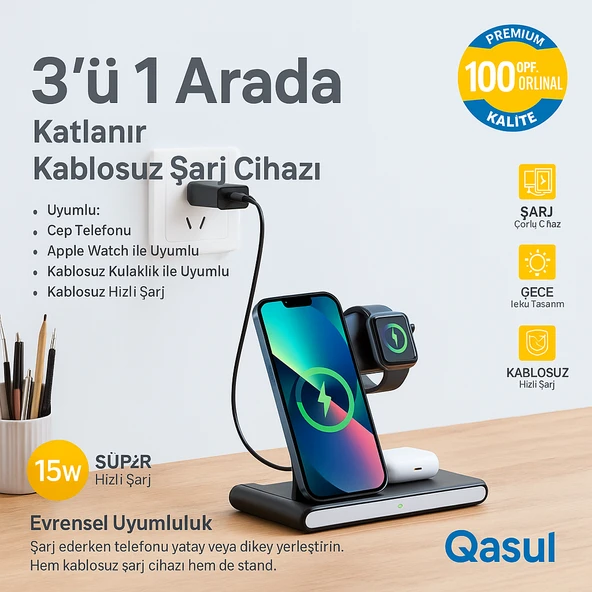 3 ü 1 Arada Katlanabilir Kablosuz Şarj Cihazı -Telefon, Kulaklık, Akıllı Saat Uyumlu - 2